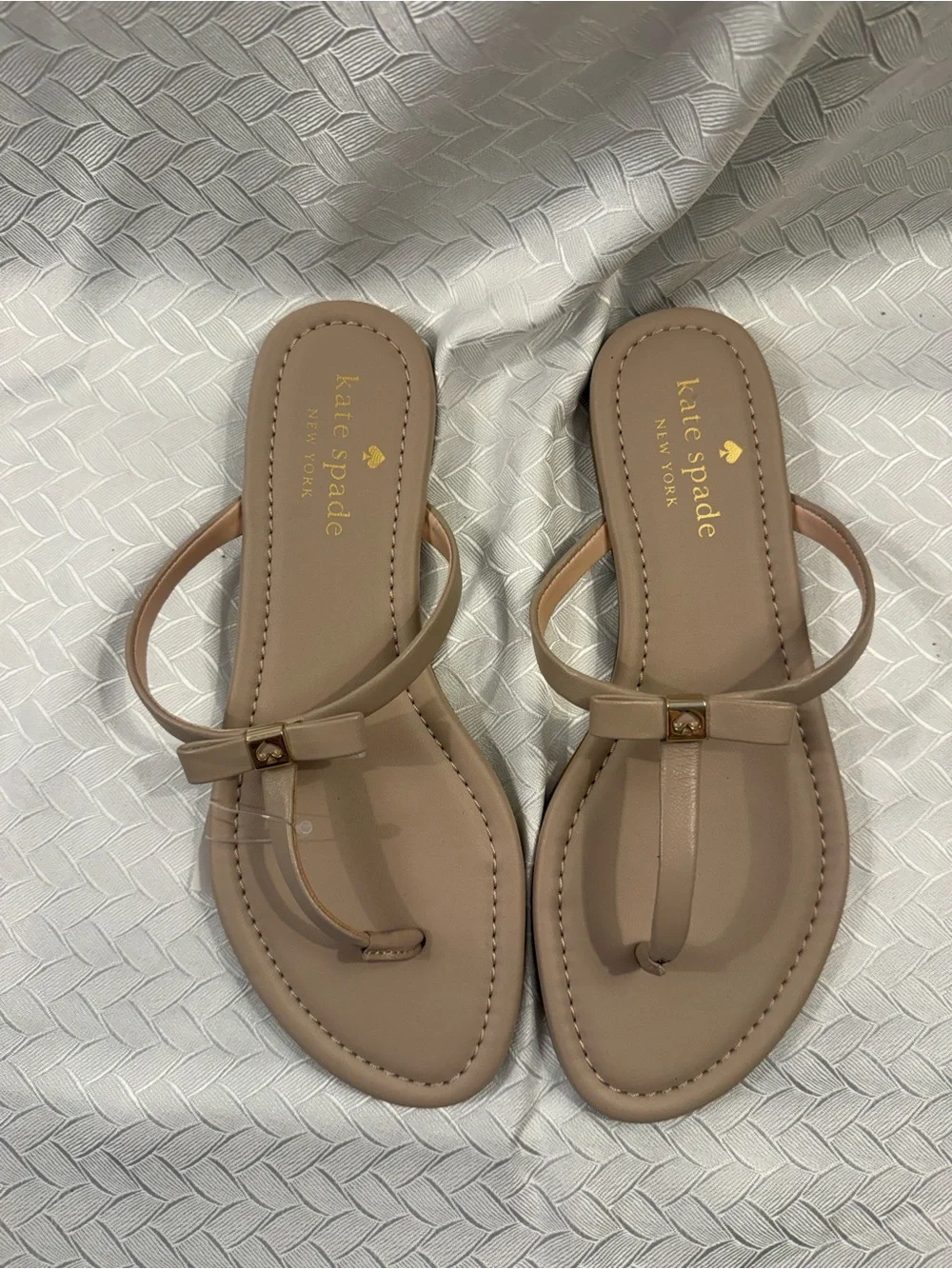 kate spade Neutral Beige Bow T-Strap Sandals